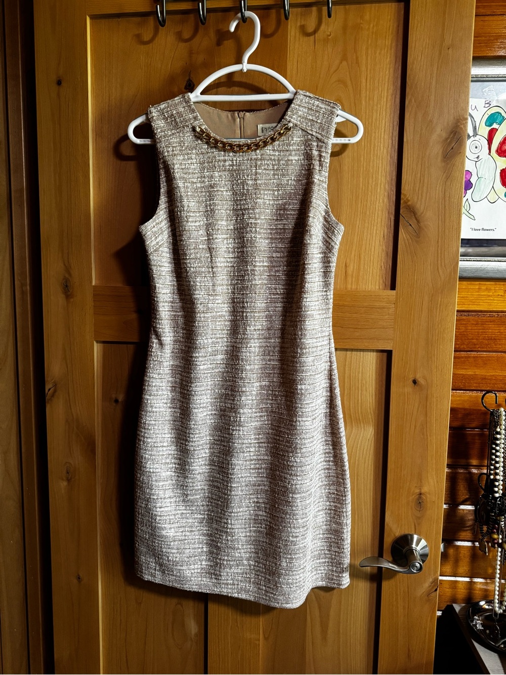 Enfocus Studio Champagne Tweed Sheath Dress with Gold Chain